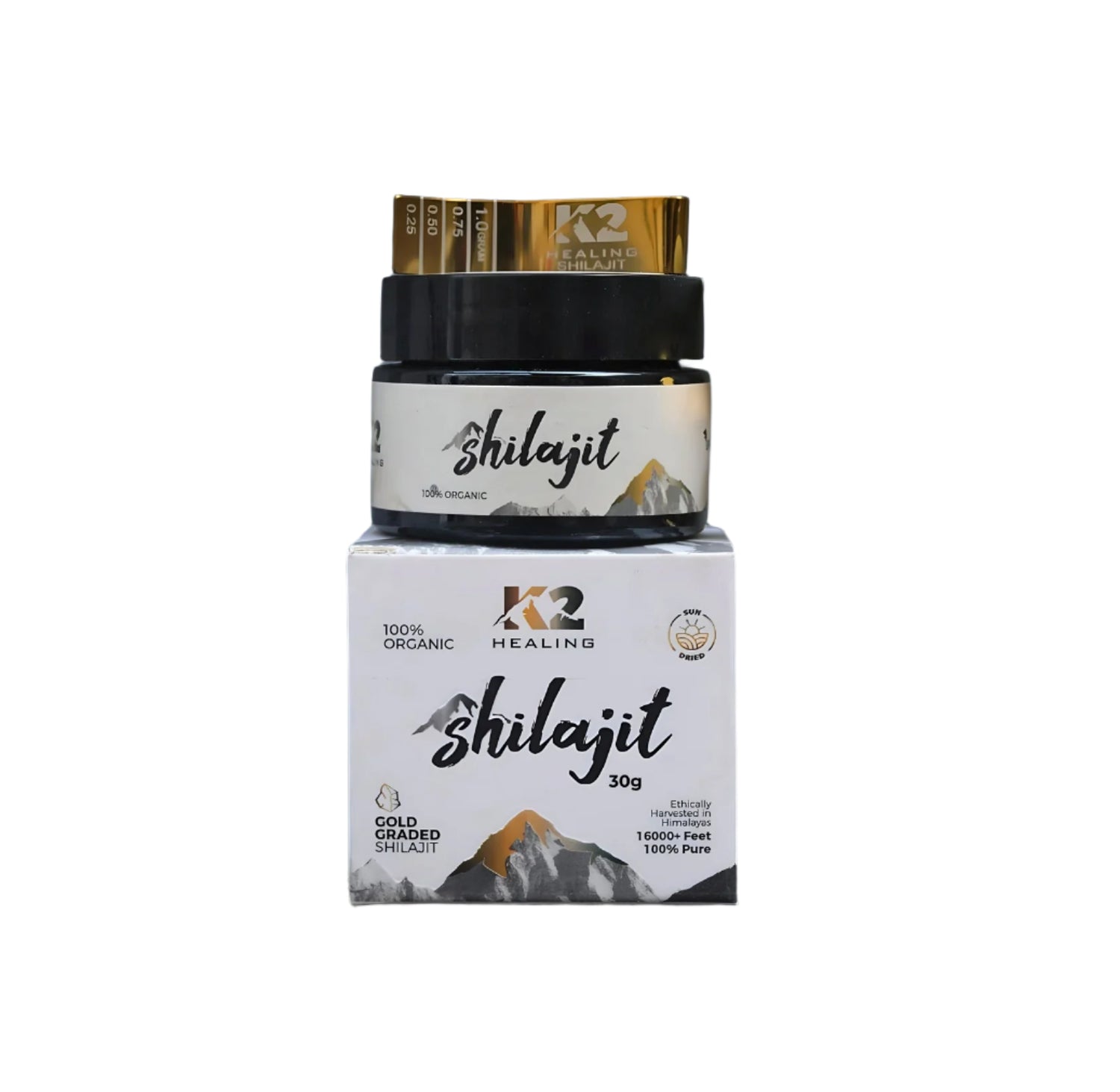 K2 Healing Shilajit jar and packaging on a mountainous background

