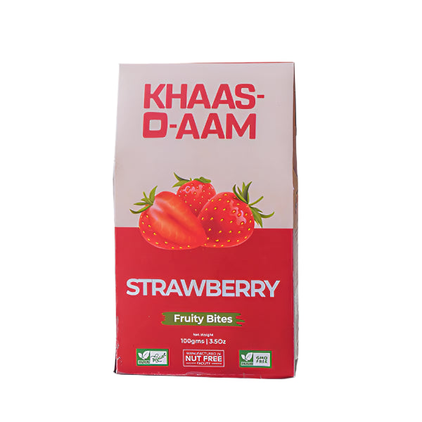 Box of Khaas-O-Aam Strawberry Fruity Bites on a white surface with a beige background

